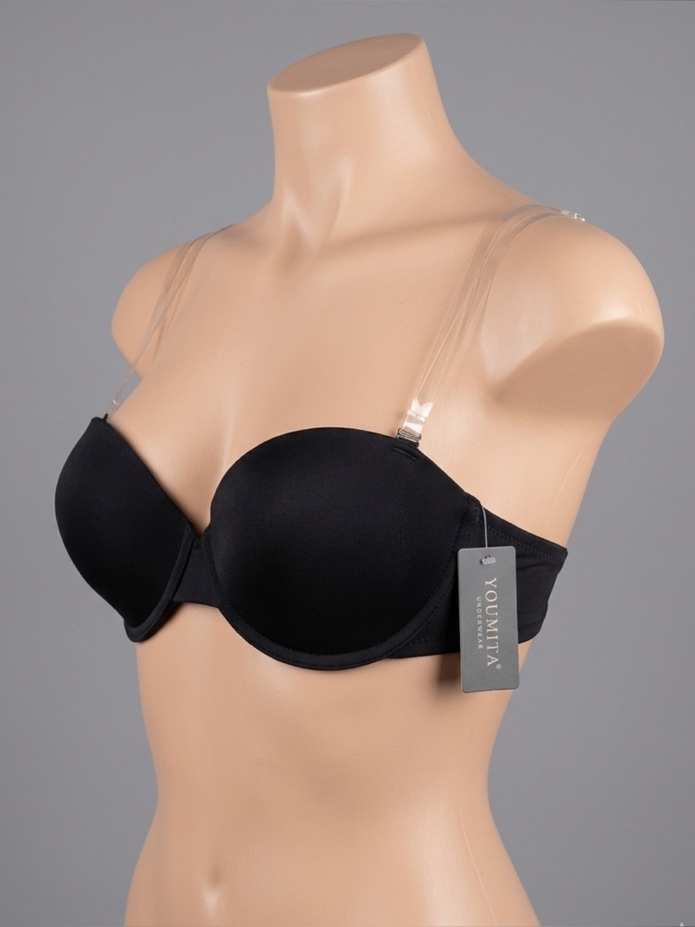 Youmita Black Strapless Push-Up Bra with Clear Removable Straps